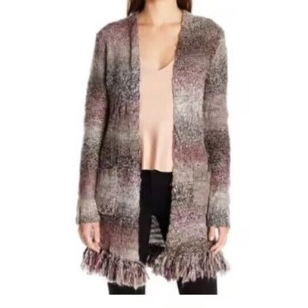 Lucky Brand Gray/Purple Fuzzy open cardigan with fringes, size 3X